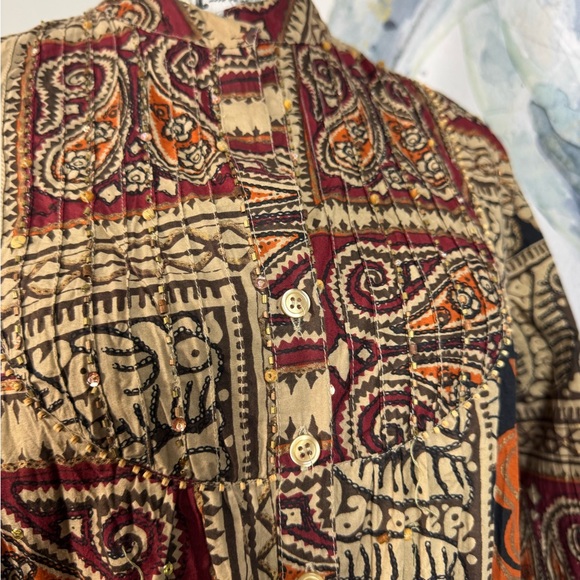 New Directions Cotton Multicolor Patterned/ beading Tie at Waist Button Down Top - Picture 4 of 11